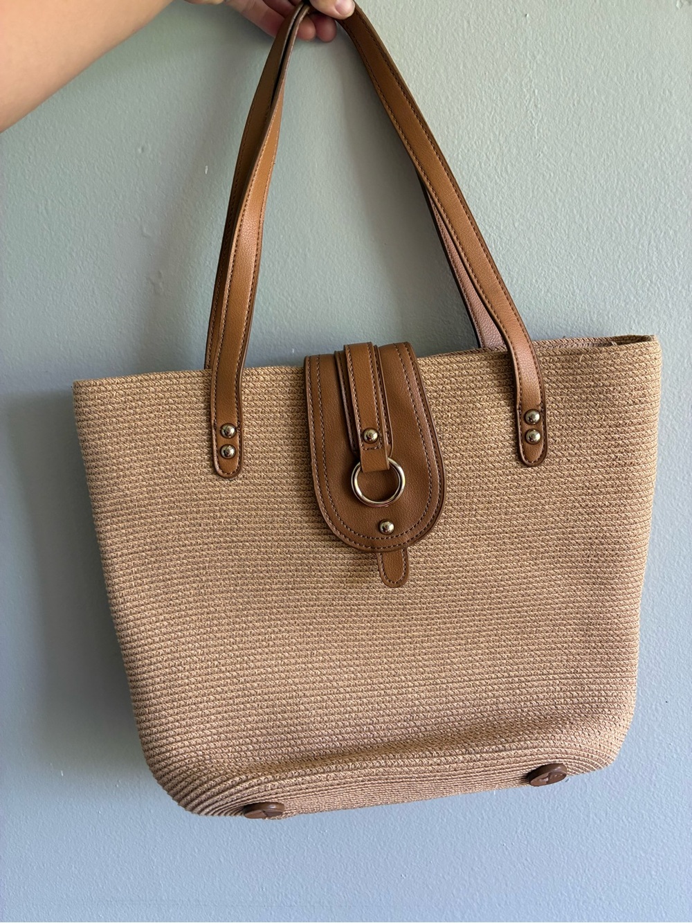 Tan Woven Tote Bag with Leather Trim - Women Bags